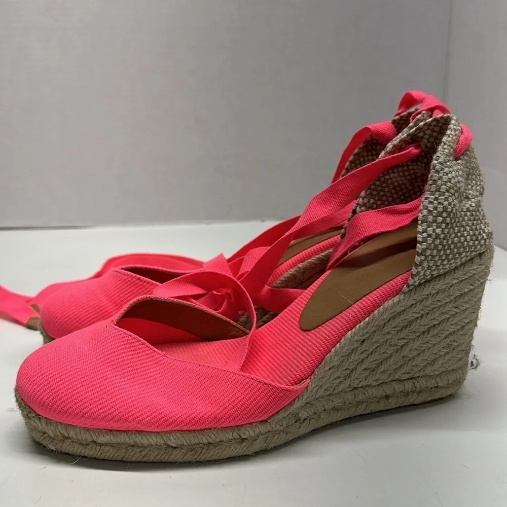 Castaner Espadrilles Wedges Sandals Wrap Around Shoe Lace Up Neon Pink Size US 9